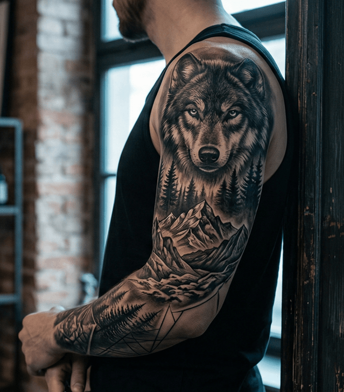 Hero banner - wolf sleeve tattoo with studio backlighting
