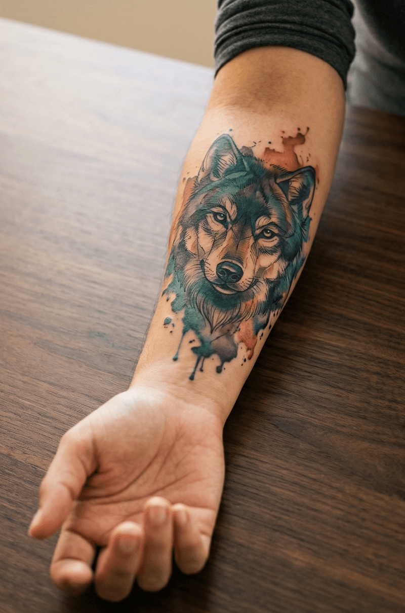 watercolor wolf tattoo covers her entire forearm from wrist to elbow