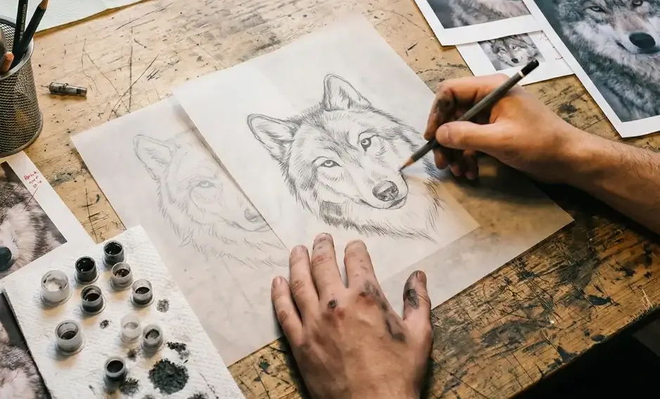 tattoo artist’s hands drawing a wolf head sketch