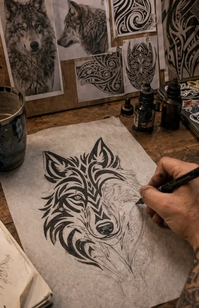Tattoo artist drawing custom tribal wolf tattoo