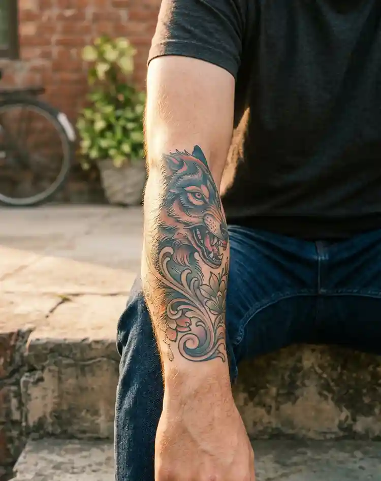 neo-traditional wolf tattoo on a person’s upper arm