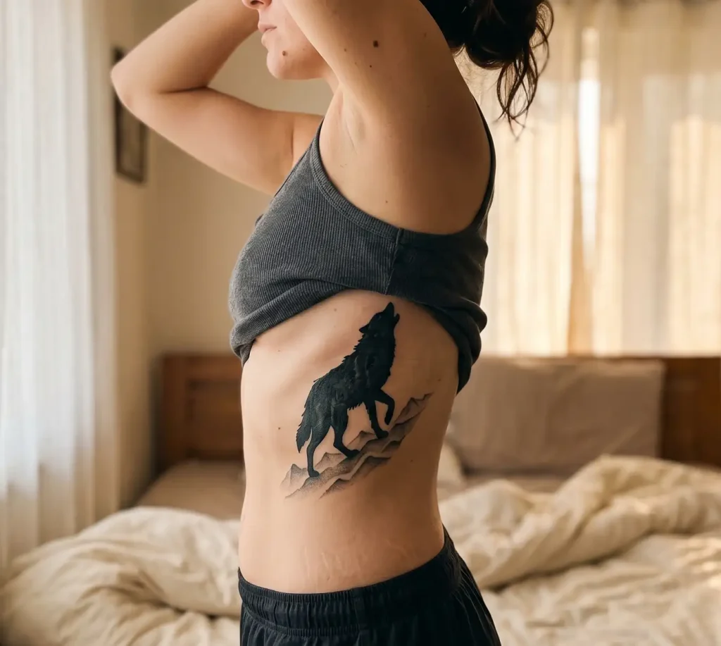 lone wolf silhouette tattoo on a woman's ribcage