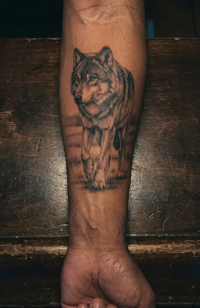 Lone wolf tattoo on a man's inner forearm — wolf walking forward through an open plain in black and grey