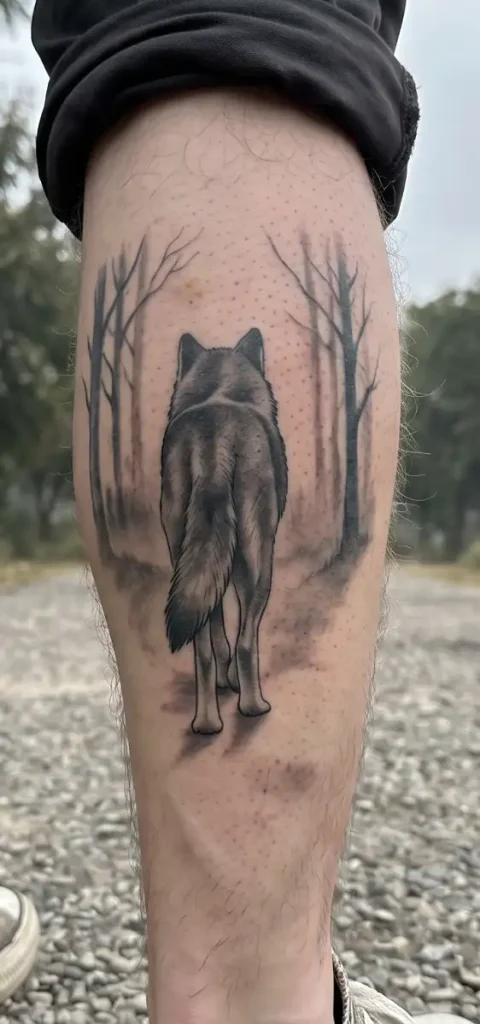 Lone wolf walking-away tattoo on a person's outer calf