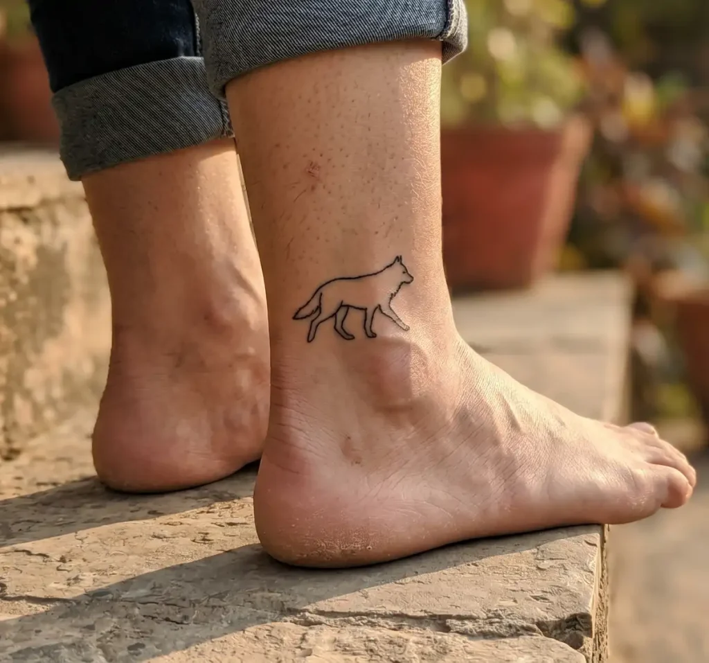 Small minimalist lone wolf silhouette tattoo on the back of a woman's ankle