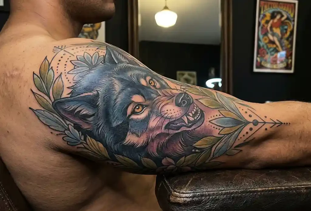 neo-traditional wolf tattoo 