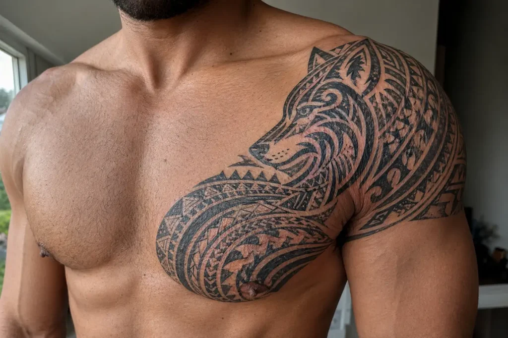 Polynesian-influenced tribal wolf tattoo on chest