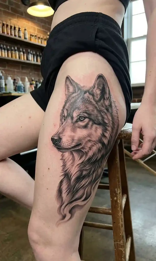 hyper-realistic black and grey wolf tattoo on a woman’s outer thigh