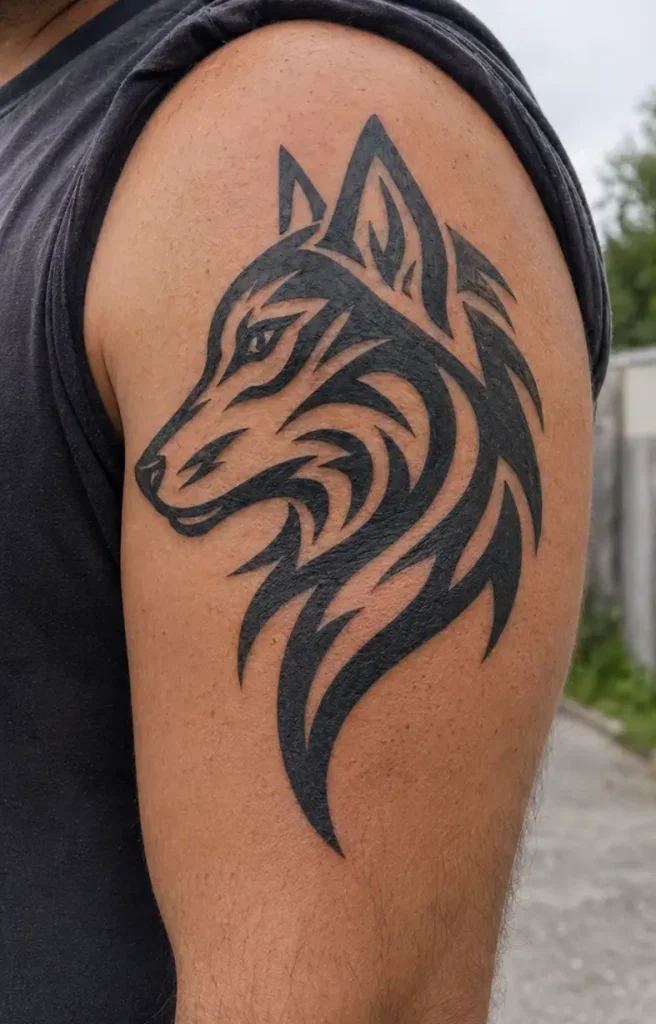 Tribal wolf head tattoo on outer upper arm