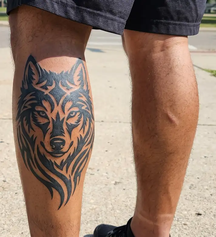 Tribal wolf tattoo wrapping outer calf