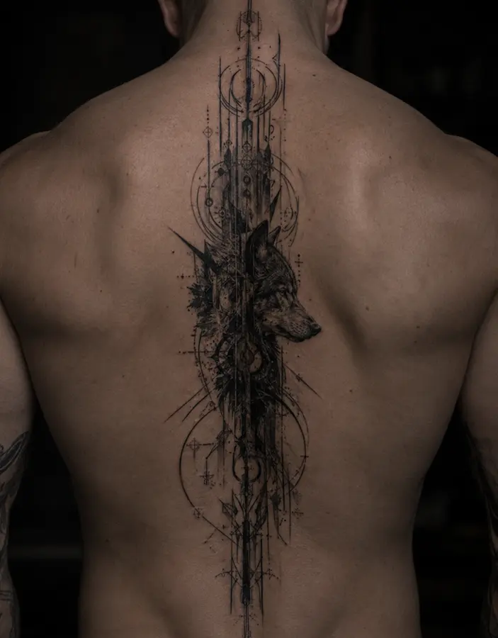 blackwork spine wolf tattoo for men