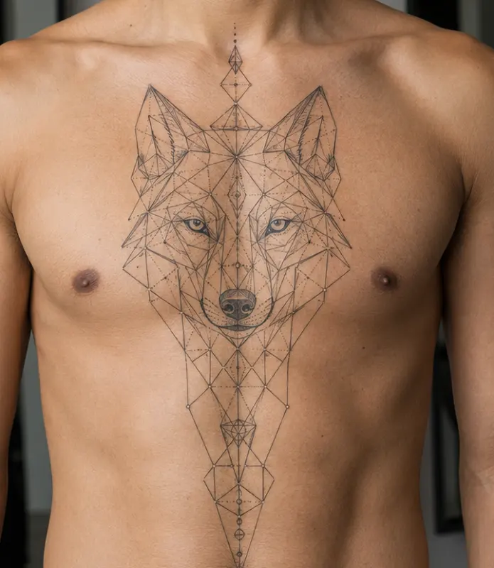 geometric wolf tattoo on chest