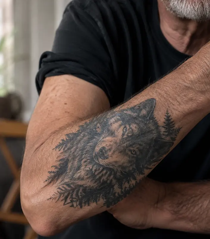 Healed forearm wolf tattoo for men