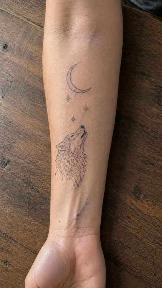 Healed wolf and moon tattoo on inner forearm
