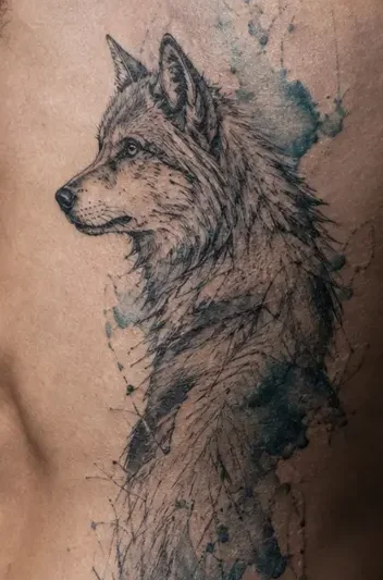 Lone wolf tattoo on ribs for men