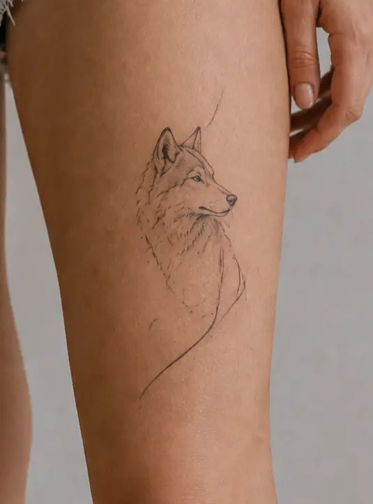 Minimalist fine line wolf tattoo for women on outer thigh in side profile
