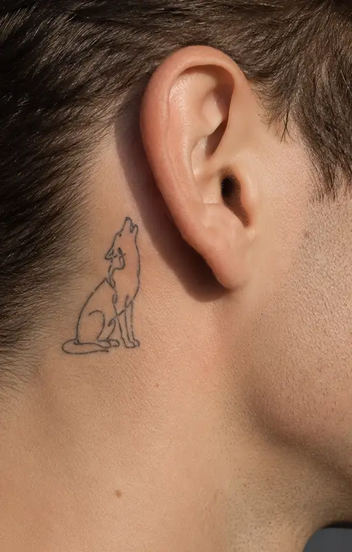 small wolf tattoo behind the ear