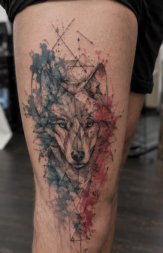 Watercolor polygon wolf tattoo on thigh for men