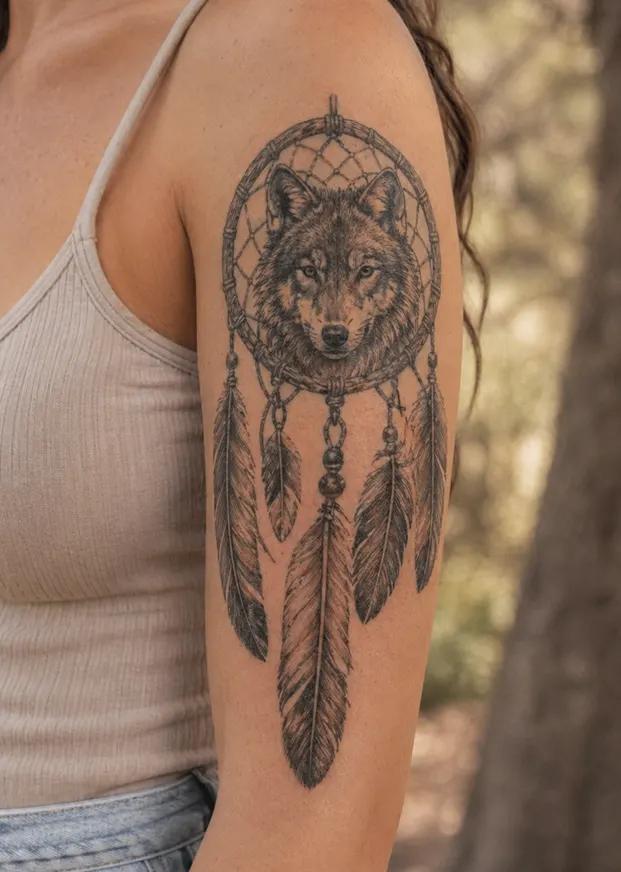 Wolf dreamcatcher tattoo on upper arm