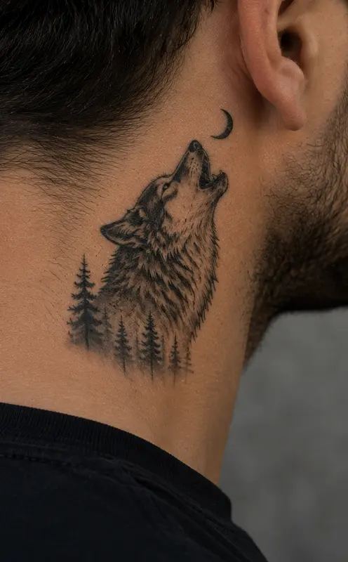 wolf head tattoo on the neck