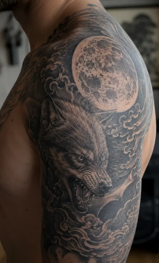 moon layered Wolf tattoo on deltoid