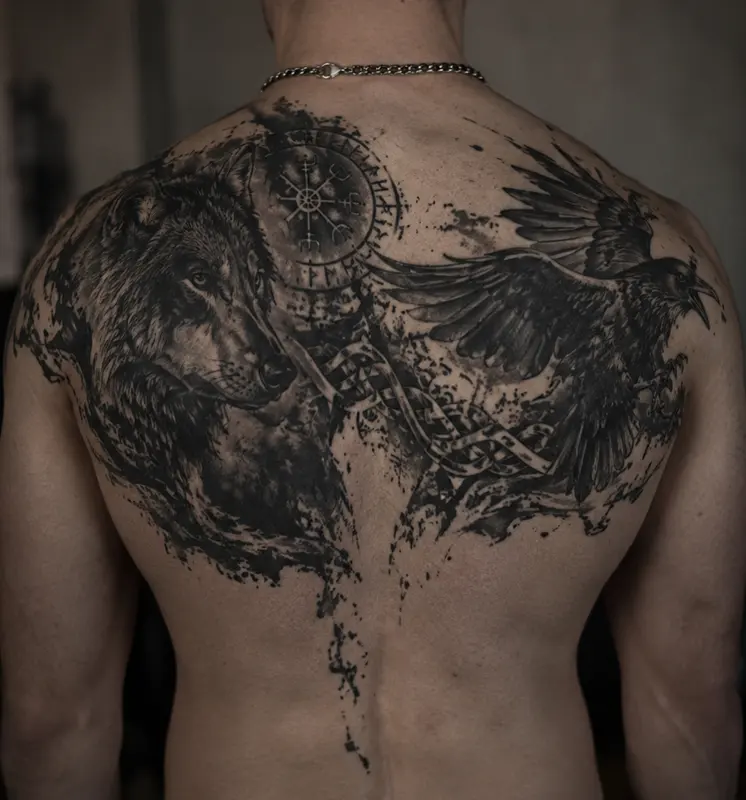 Norse Wolf and raven tattoo on back