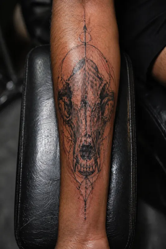 Wolf skull tattoo on outer forearm