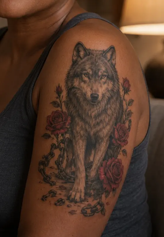 Realistic wolf tattoo for women on upper arm with red roses and broken chains