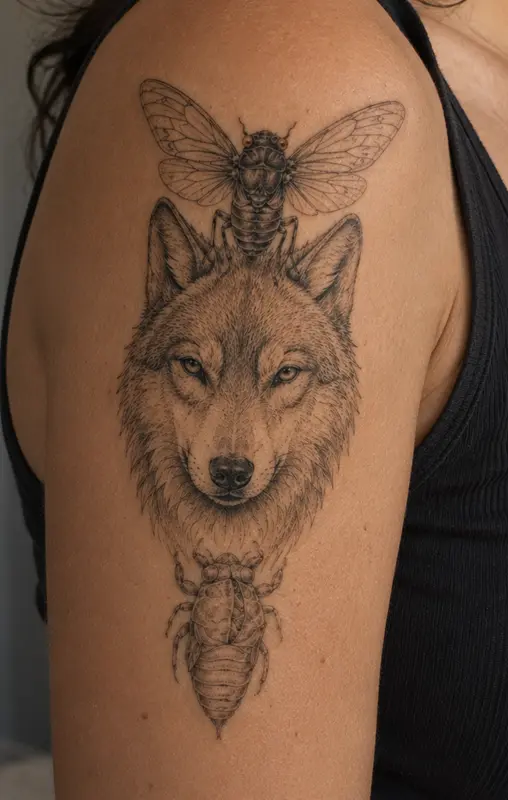 Wolf face tattoo for women on bicep with cicada on top and molting shell below
