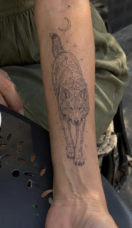Constellation wolf tattoo for women on inner forearm with crescent moon and star dots