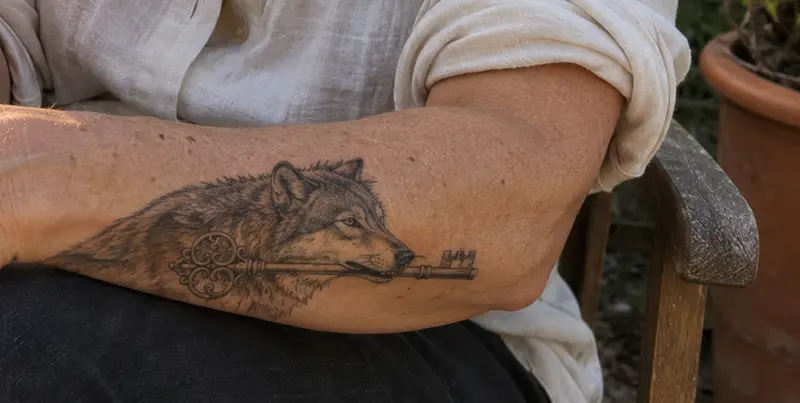 Fine line wolf tattoo for women on forearm featuring wolf holding an ornate key