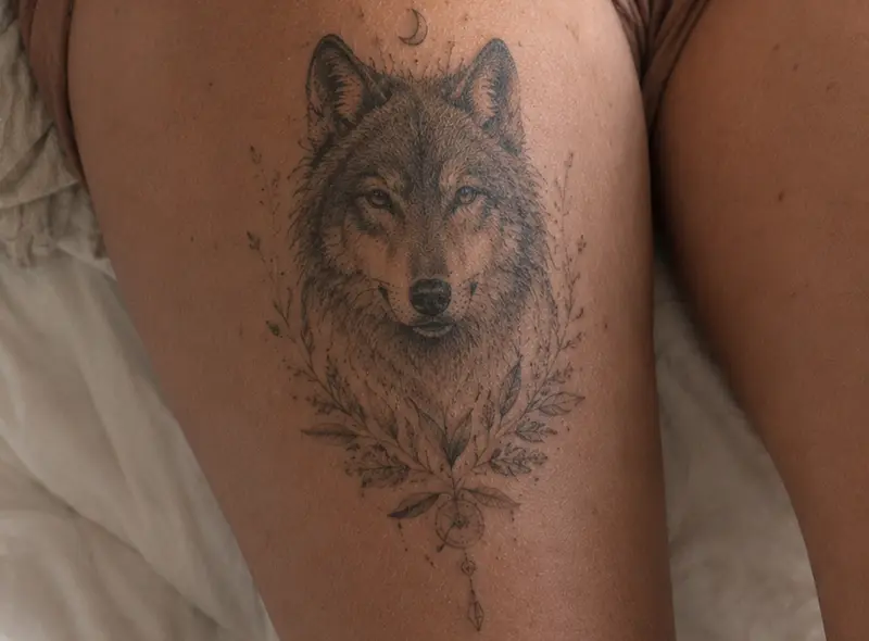 Fine line wolf face tattoo for women on thigh with crescent moon and botanical leaves