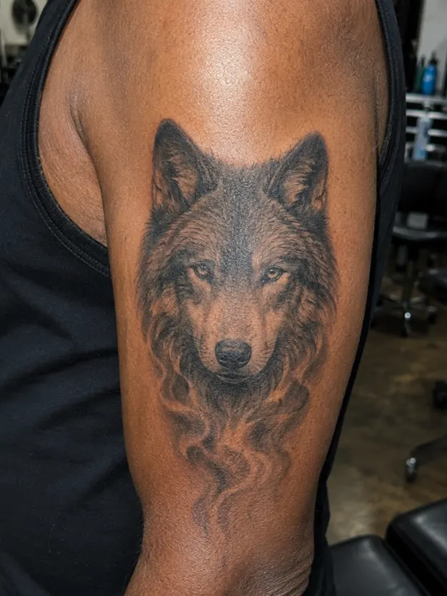 Realistic wolf tattoo fading into smoke on a man's triceps