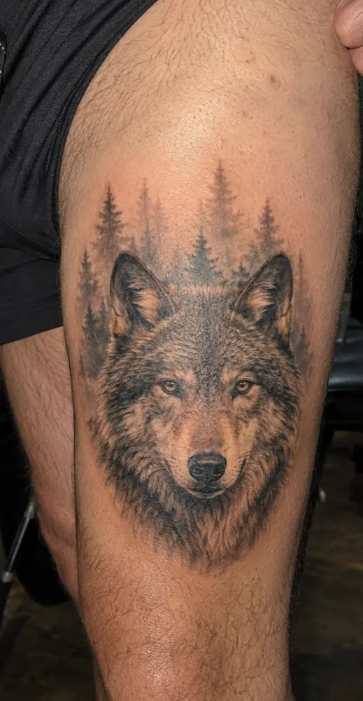 Color realism wolf tattoo with amber eyes on a man's outer thigh