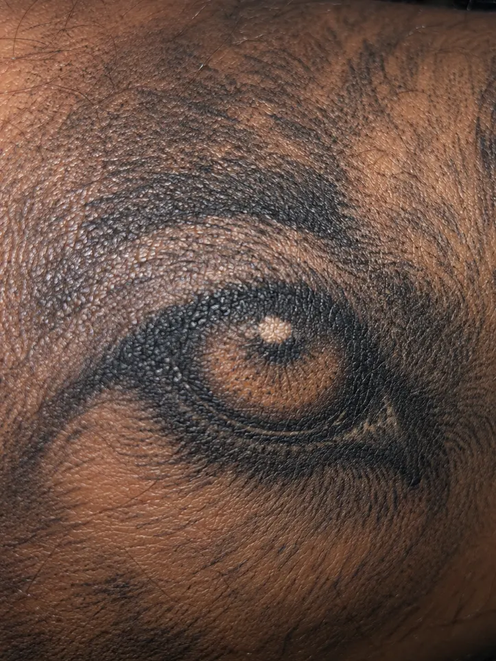 Close-up of a photorealistic wolf eye tattoo on an inner forearm