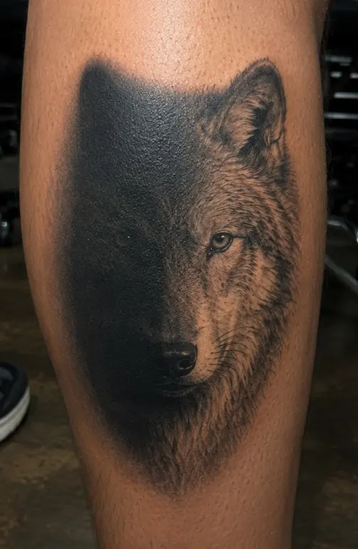 Black and grey realistic wolf tattoo emerging from shadow on a man's calf