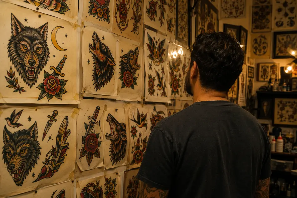 Hand-drawn American traditional wolf flash sheets on a tattoo studio wall