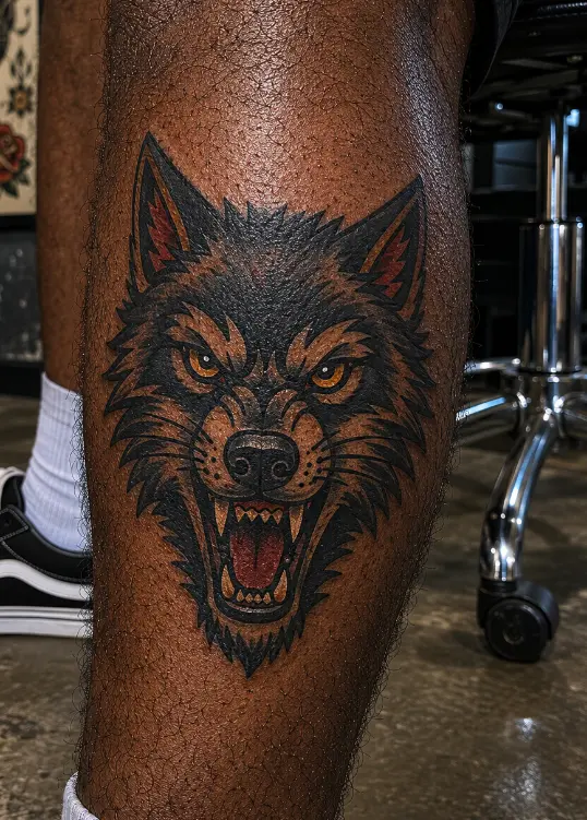 Traditional wolf head tattoo with bold black outline on a man's outer calf