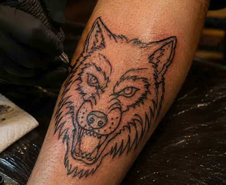 Tattoo artist lining a fresh traditional wolf outline on a woman's calf