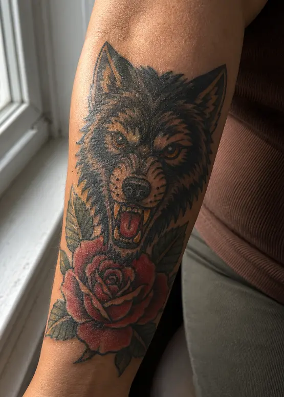 American traditional wolf and rose tattoo on a woman's inner forearm