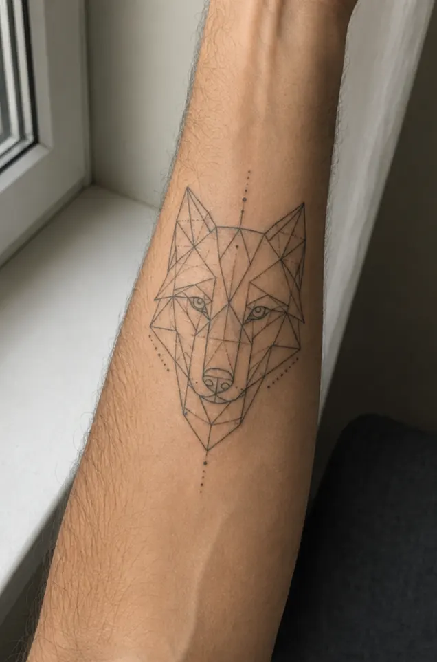 A geometric fine-line wolf tattoo on the inner forearm. Clean and modern, and a good fit for the flat inner surface, but keep the detail open so it lasts.
