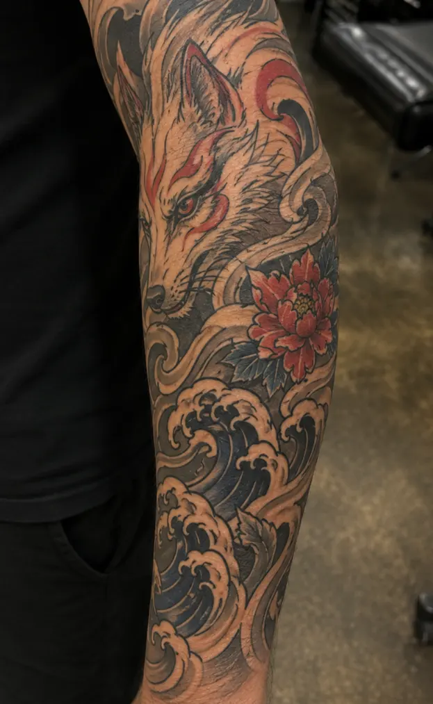 A Japanese okami wolf tattoo with wind bars and a peony. The style is built to flow around the arm, which is why it suits the forearm and the sleeve.