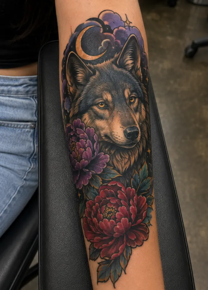 A neo-traditional wolf tattoo with bold lines and jewel-tone color. The strong outline is what lets color survive on a sun-exposed forearm.