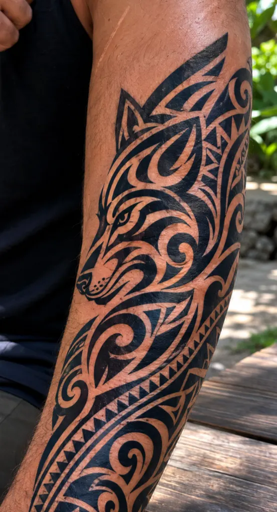 A tribal wolf tattoo built from solid black and negative space, wrapping the forearm's curve. Pattern suits the cylinder of the arm and ages extremely well.