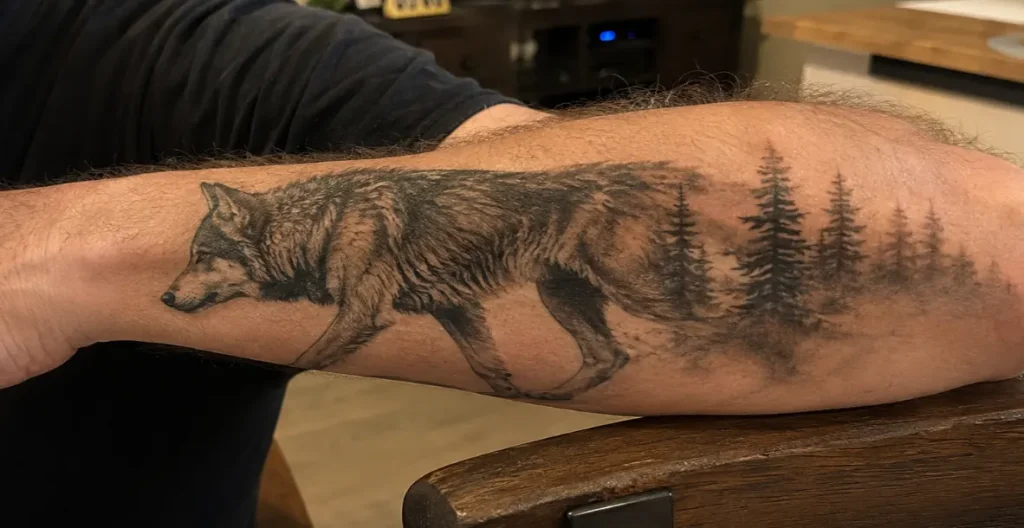 A walking wolf using the full length of the outer forearm. Long compositions run with the arm; this one melts into pines at the elbow
