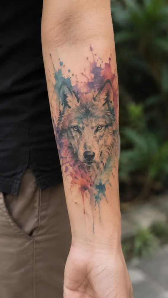 A watercolor wolf tattoo with color bleeding past the linework. Striking on the forearm, though like all soft-color work it leans hardest on sun protection.
